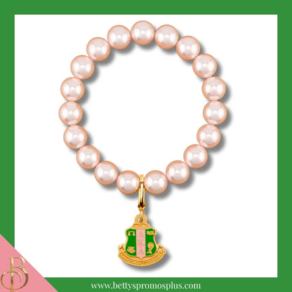 Alpha Kappa Alpha AKA Pearl Bracelet with Shield Charm-Pink-Silver Clasp-Alpha Kappa Alpha Paraphernalia-Alpha Kappa Alpha Bracelet-Betty's Promos Plus
