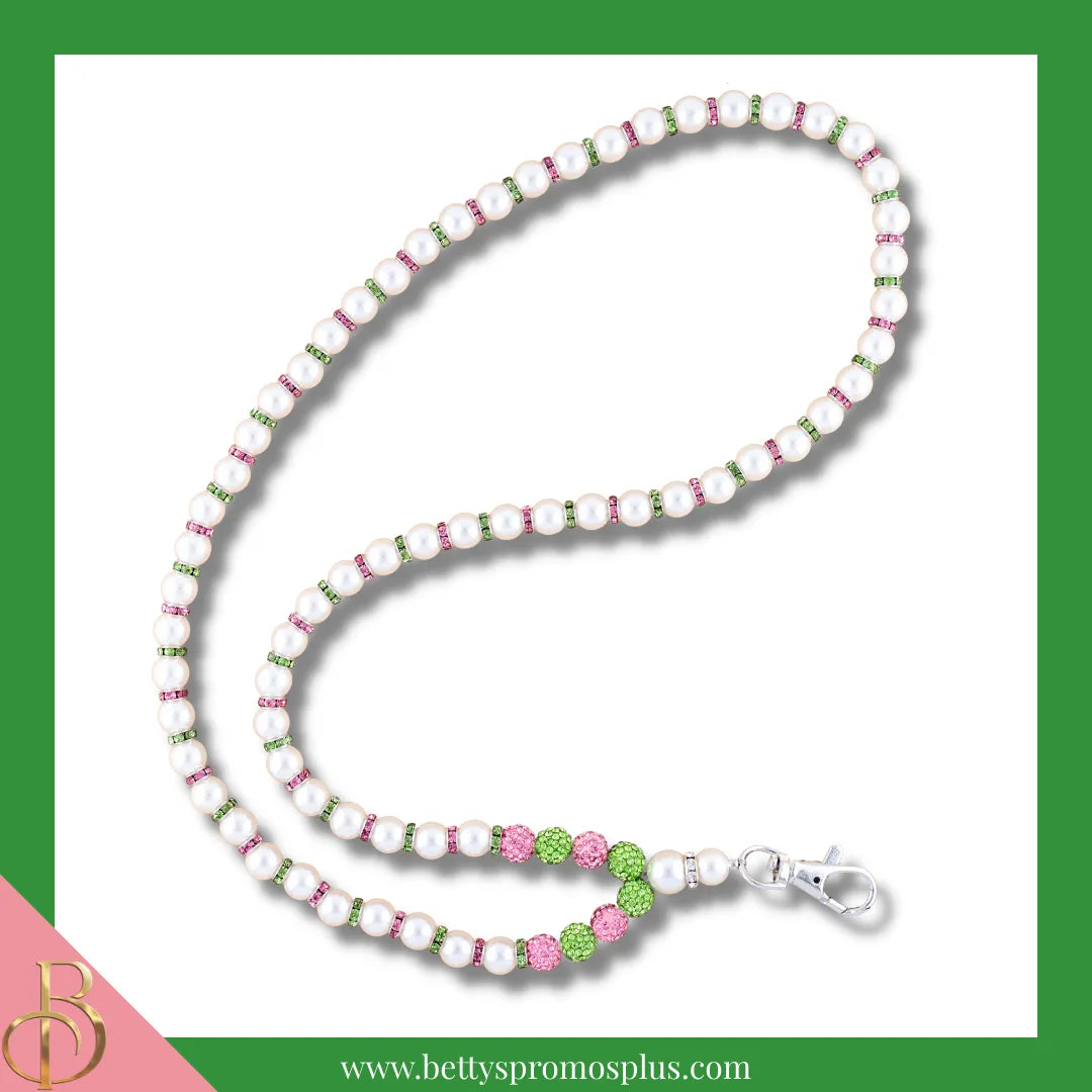 Alpha Kappa Alpha AKA Pearl Lanyard with Rhinestone Spacers-Alpha Kappa Alpha Paraphernalia-Alpha Kappa Alpha Lanyards-Betty's Promos Plus