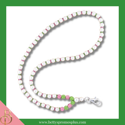 Alpha Kappa Alpha AKA Pearl Lanyard with Rhinestone Spacers-White-Lanyard-Alpha Kappa Alpha Paraphernalia-Alpha Kappa Alpha Lanyards-Betty's Promos Plus