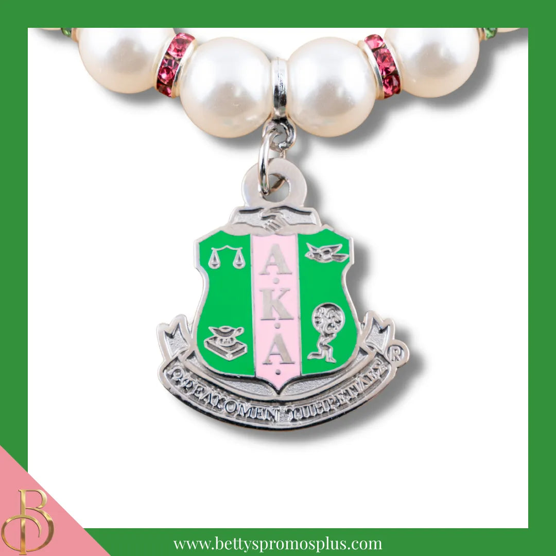 Alpha Kappa Alpha AKA Pearl Necklace with Shield Charm-Alpha Kappa Alpha Paraphernalia-Alpha Kappa Alpha Necklace-Betty's Promos Plus