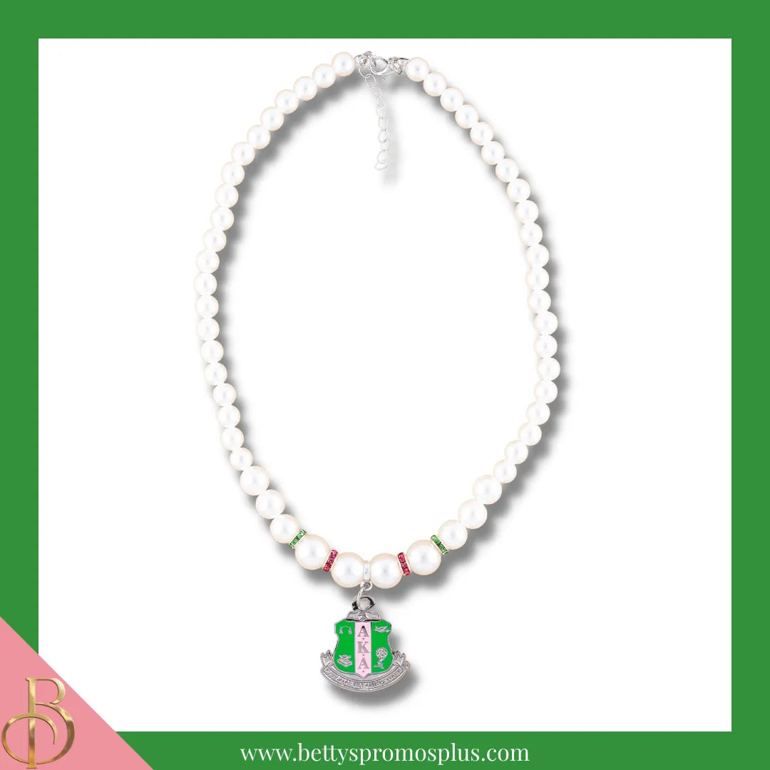 Alpha Kappa Alpha AKA Pearl Necklace with Shield Charm-White-Alpha Kappa Alpha Paraphernalia-Alpha Kappa Alpha Necklace-Betty's Promos Plus