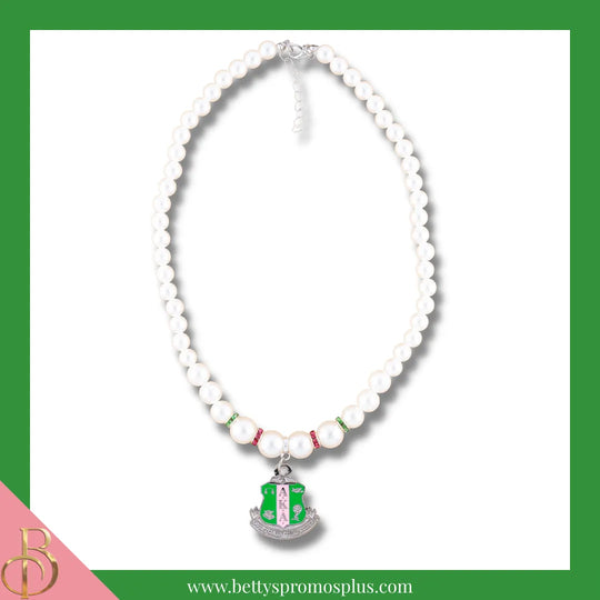 Alpha Kappa Alpha AKA Pearl Necklace with Shield Charm-White-Alpha Kappa Alpha Paraphernalia-Alpha Kappa Alpha Necklace-Betty's Promos Plus