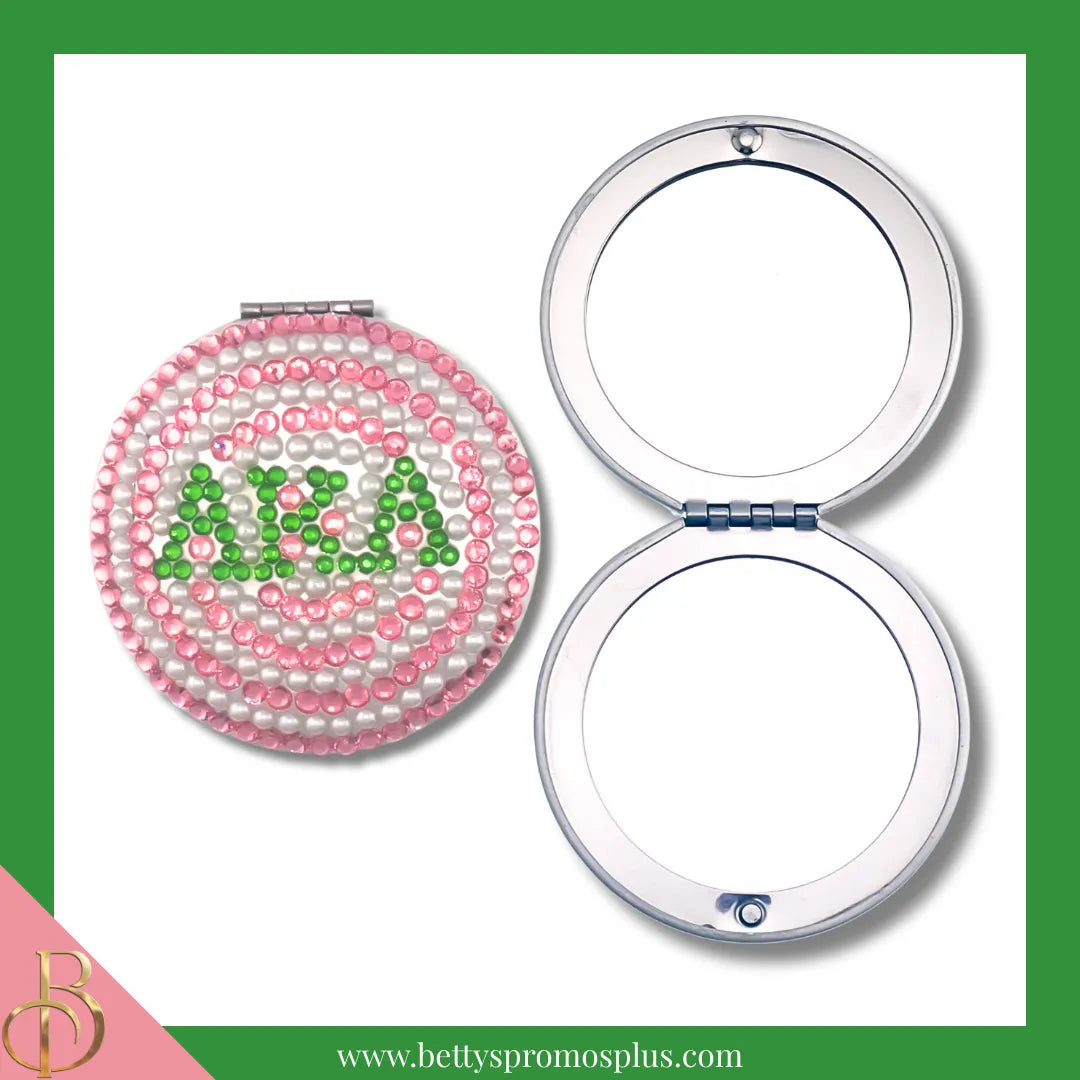 Alpha Kappa Alpha AKA Pearl & Rhinestone Bling Compact Mirror-Alpha Kappa Alpha Paraphernalia-Alpha Kappa Alpha Compact Mirror-Betty's Promos Plus