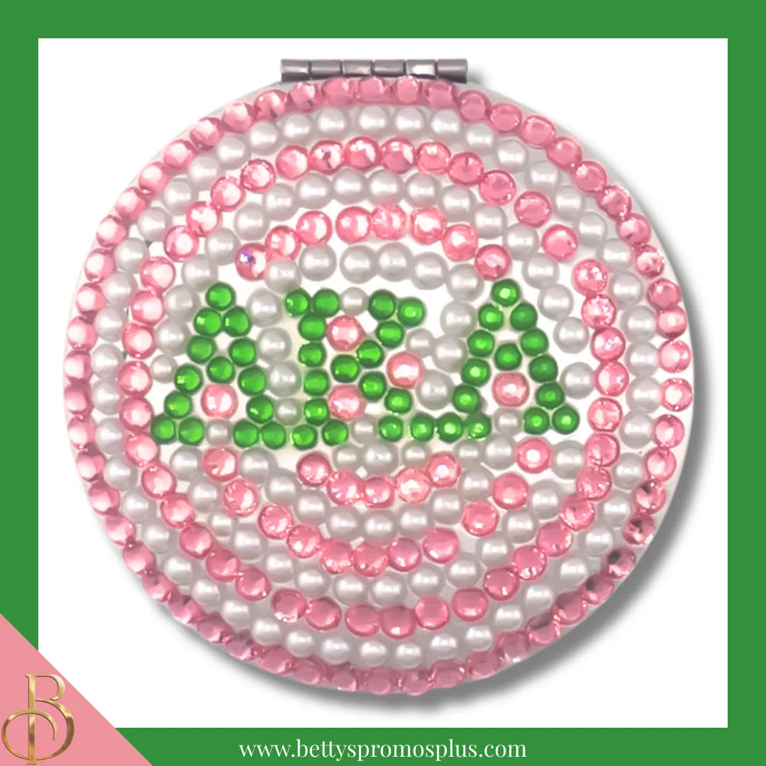 Alpha Kappa Alpha AKA Pearl & Rhinestone Bling Compact Mirror-Pink-Alpha Kappa Alpha Paraphernalia-Alpha Kappa Alpha Compact Mirror-Betty's Promos Plus