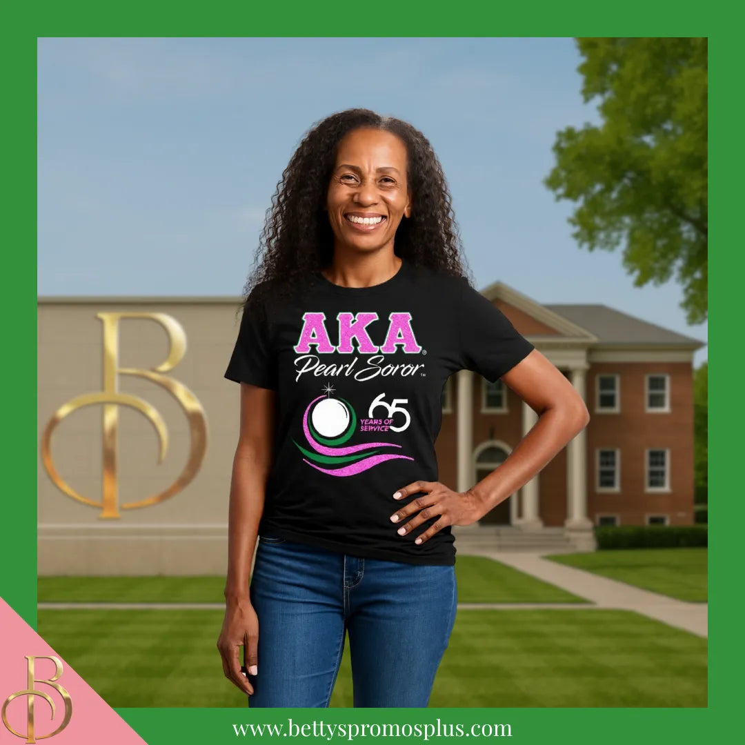 Alpha Kappa Alpha AKA Pearl Soror 65 Years of Service T-Shirt-Alpha Kappa Alpha Paraphernalia-Alpha Kappa Alpha T-Shirts-Betty's Promos Plus
