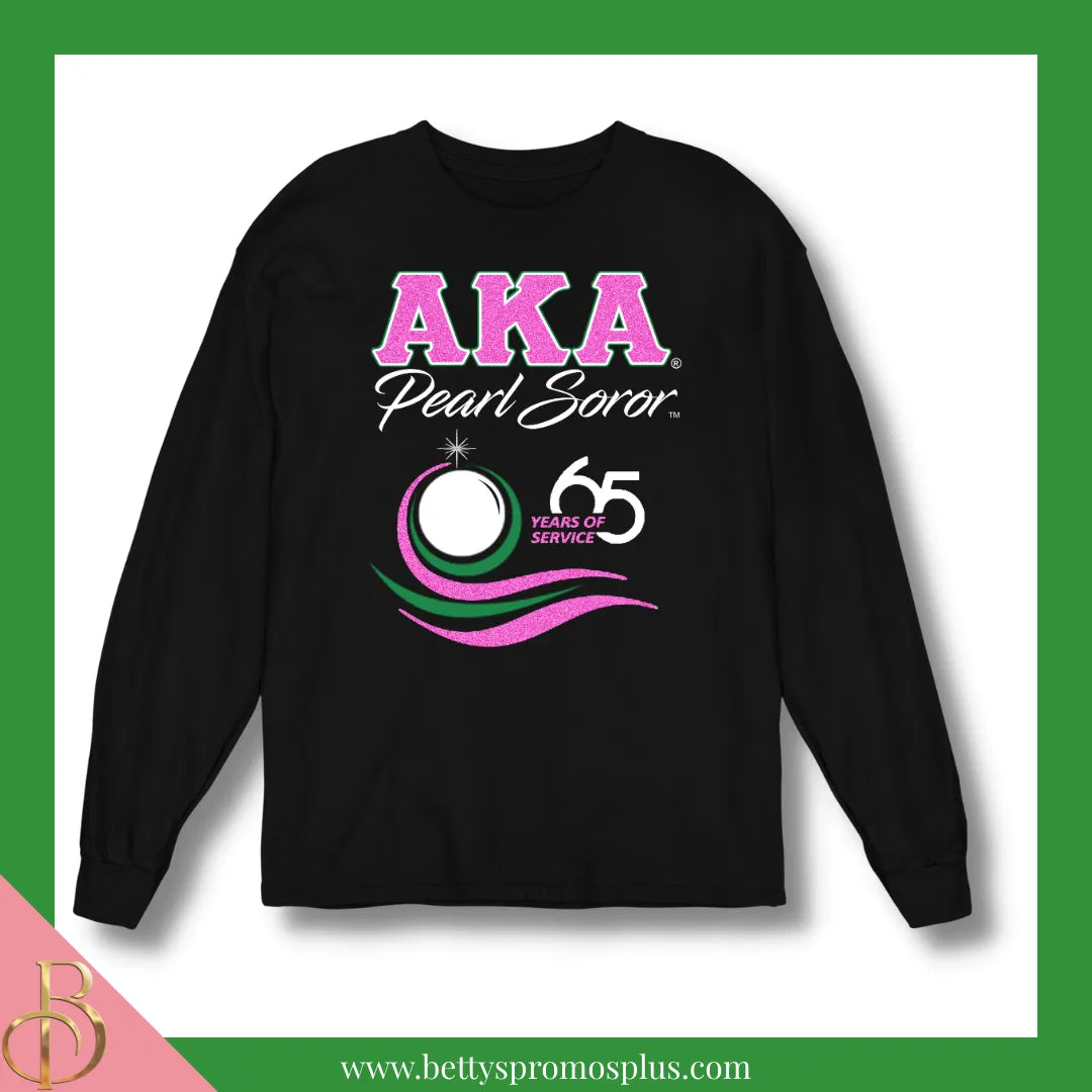 Alpha Kappa Alpha AKA Pearl Soror 65 Years of Service T-Shirt-Black-Long Sleeve-Small-Alpha Kappa Alpha Paraphernalia-Alpha Kappa Alpha T-Shirts-Betty's Promos Plus