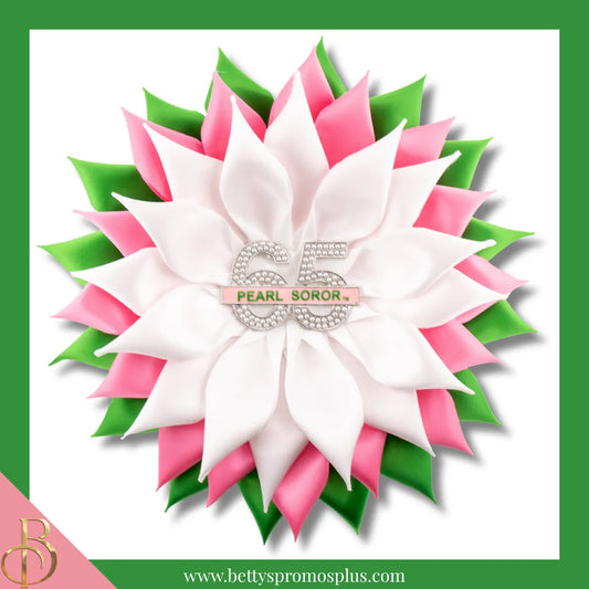 Alpha Kappa Alpha AKA Pearl Soror Silk Flower Brooch-Pink/Green/White-Large - 6"-Alpha Kappa Alpha Paraphernalia-Alpha Kappa Alpha Lapel Pin-Betty's Promos Plus
