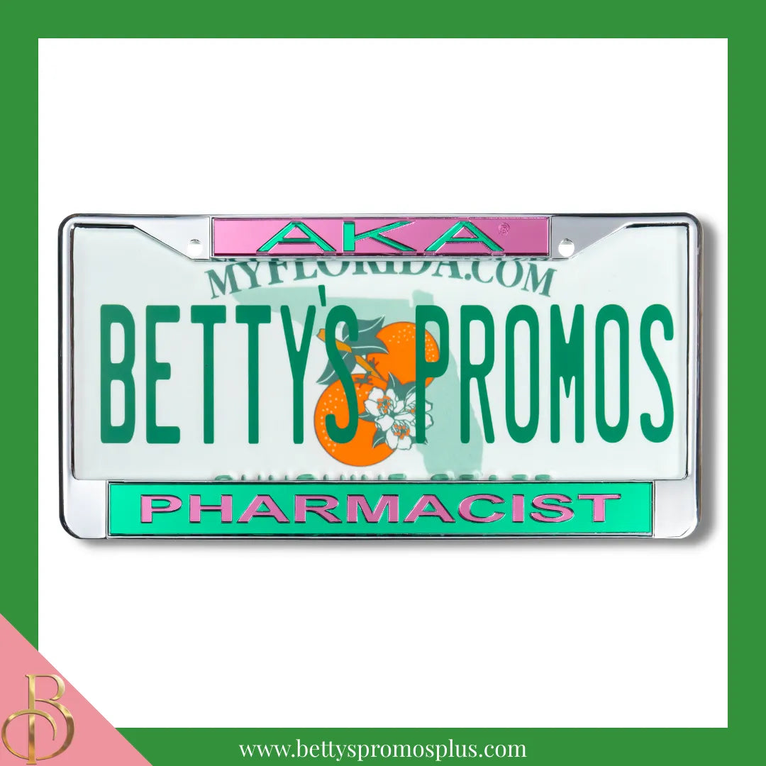 Alpha Kappa Alpha AKA Pharmacist Chrome Laser Engraved Mirrored Acrylic Auto Tag License Plate Frame-Green Bottom-Alpha Kappa Alpha Paraphernalia-Alpha Kappa Alpha Auto Tag Frame-Betty's Promos Plus