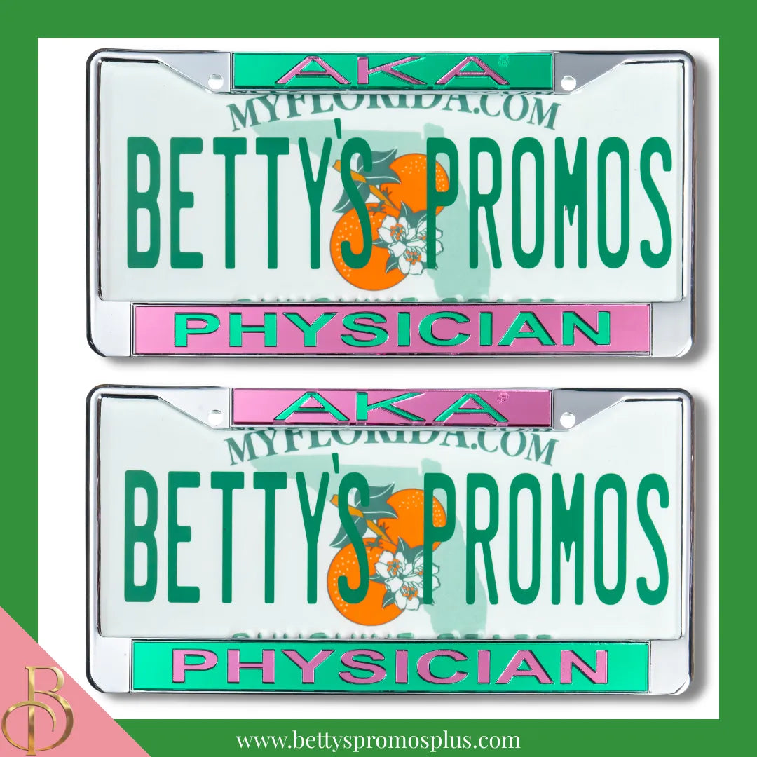 Alpha Kappa Alpha AKA Physician Chrome Laser Engraved Mirrored Acrylic Auto Tag License Plate Frame-Alpha Kappa Alpha Paraphernalia-Alpha Kappa Alpha Auto Tag Frame-Betty's Promos Plus