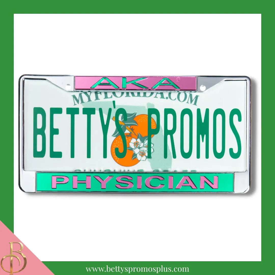 Alpha Kappa Alpha AKA Physician Chrome Laser Engraved Mirrored Acrylic Auto Tag License Plate Frame-Green Bottom-Alpha Kappa Alpha Paraphernalia-Alpha Kappa Alpha Auto Tag Frame-Betty's Promos Plus