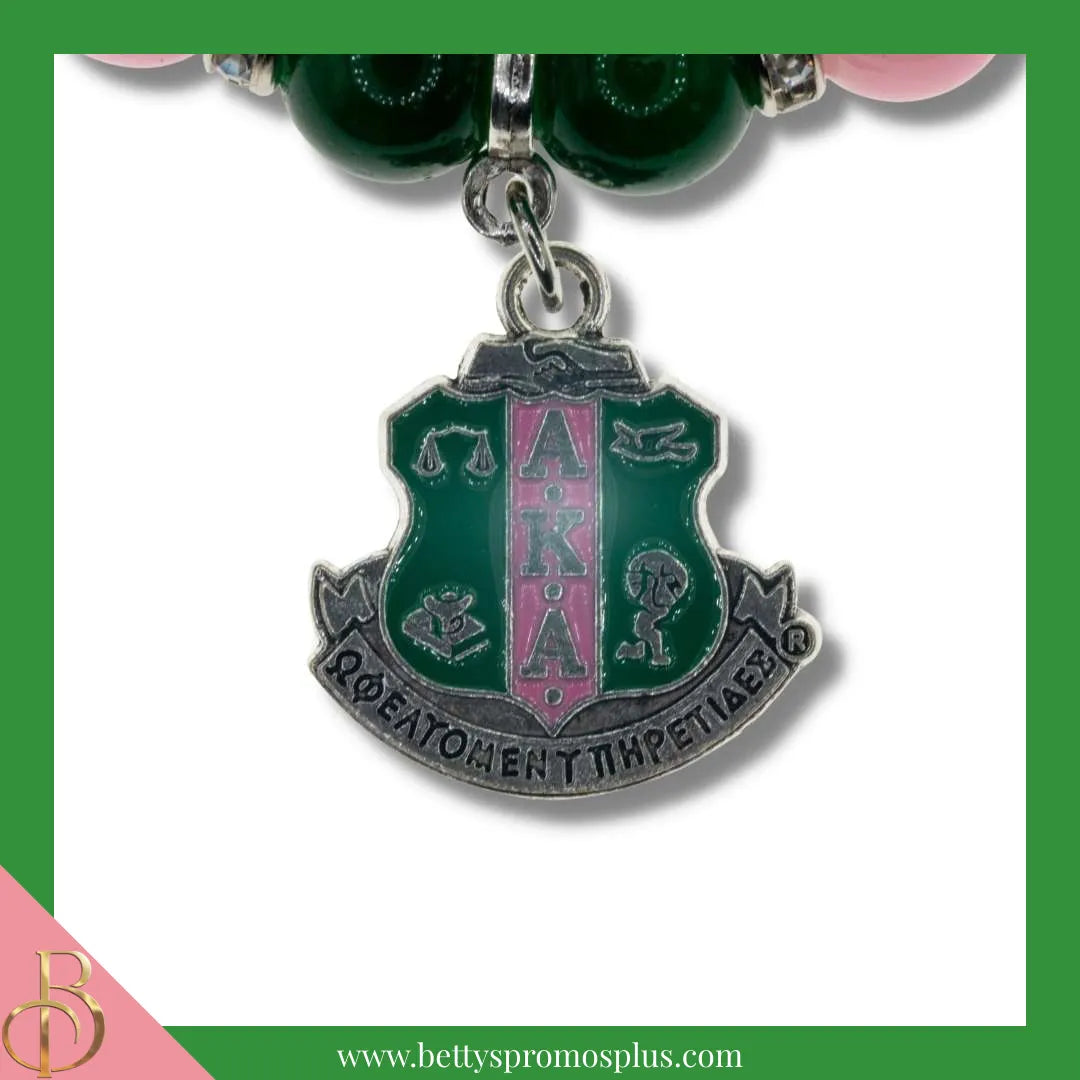 Alpha Kappa Alpha AKA Pink and Green Beaded Bracelet with Shield Charm-Alpha Kappa Alpha Paraphernalia-Alpha Kappa Alpha Bracelet-Betty's Promos Plus