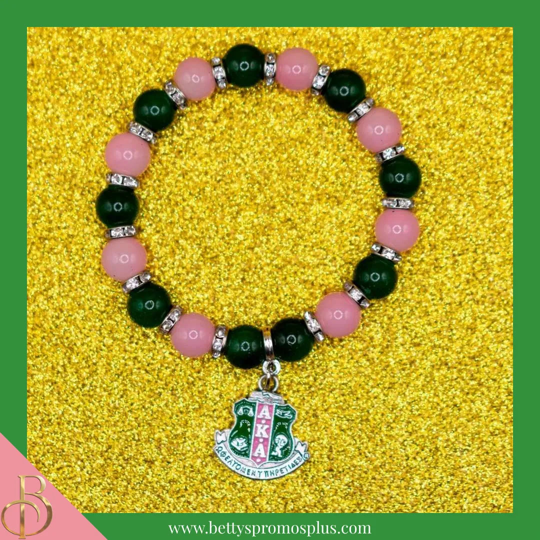 Alpha Kappa Alpha AKA Pink and Green Beaded Bracelet with Shield Charm-Alpha Kappa Alpha Paraphernalia-Alpha Kappa Alpha Bracelet-Betty's Promos Plus