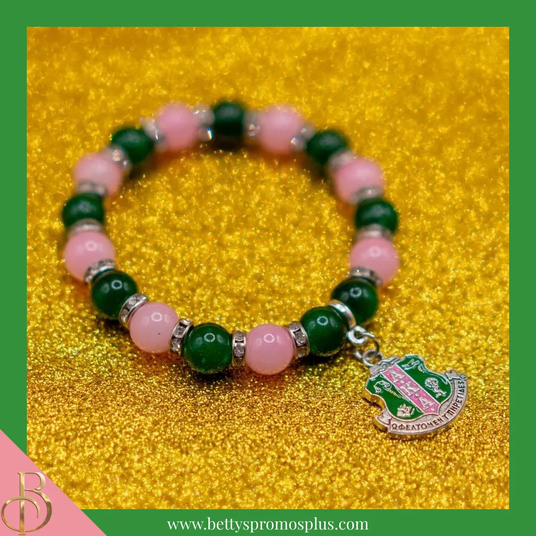 Alpha Kappa Alpha AKA Pink and Green Beaded Bracelet with Shield Charm-Alpha Kappa Alpha Paraphernalia-Alpha Kappa Alpha Bracelet-Betty's Promos Plus