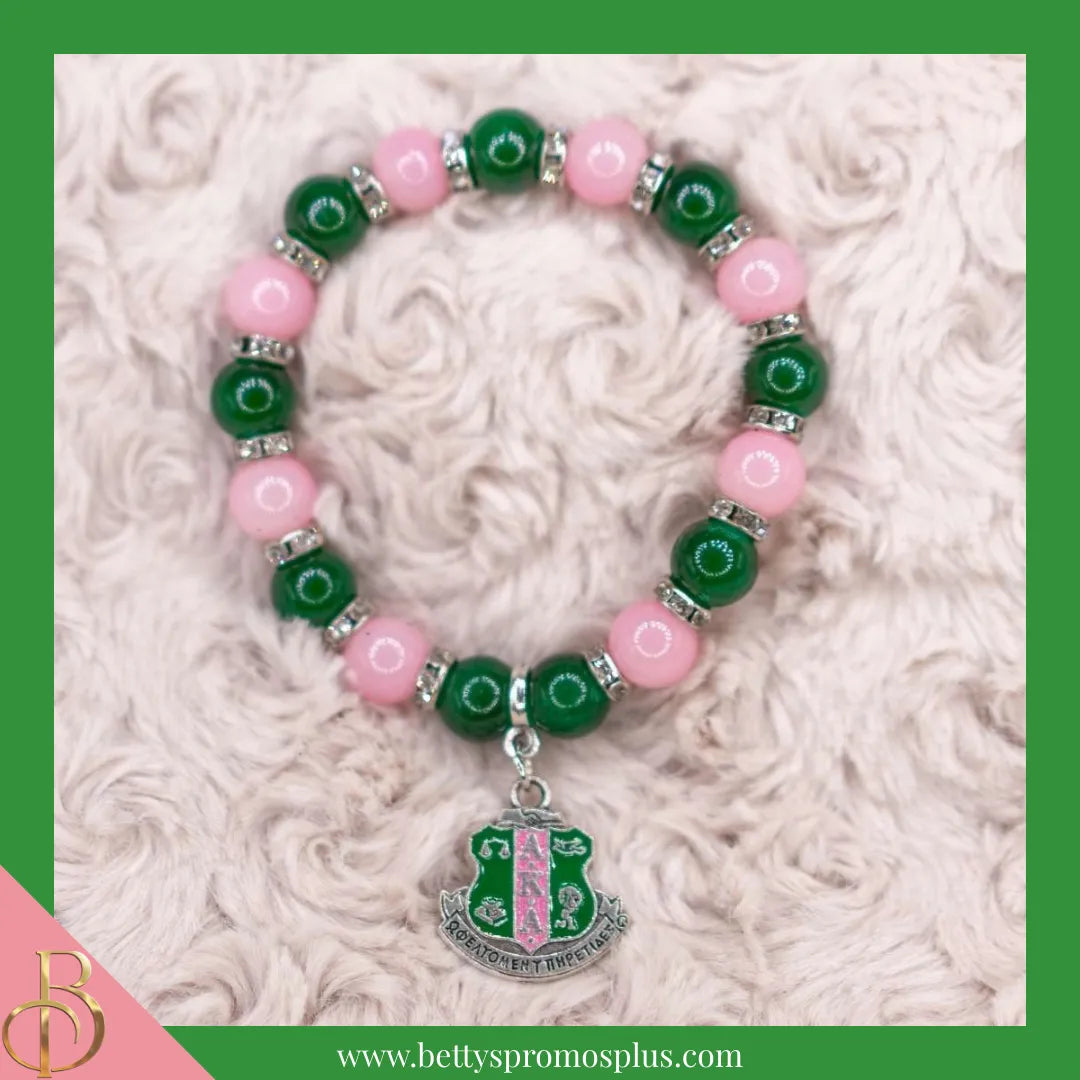 Alpha Kappa Alpha AKA Pink and Green Beaded Bracelet with Shield Charm-Alpha Kappa Alpha Paraphernalia-Alpha Kappa Alpha Bracelet-Betty's Promos Plus