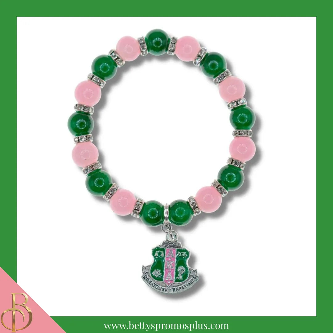 Alpha Kappa Alpha AKA Pink and Green Beaded Bracelet with Shield Charm-Alpha Kappa Alpha Paraphernalia-Alpha Kappa Alpha Bracelet-Betty's Promos Plus