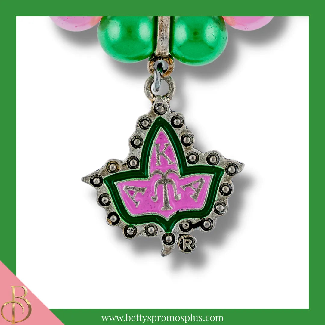 Alpha Kappa Alpha AKA Pink & Green Pearl Bracelet with Ivy Crest Charm-Alpha Kappa Alpha Paraphernalia-Alpha Kappa Alpha Bracelet-Betty's Promos Plus