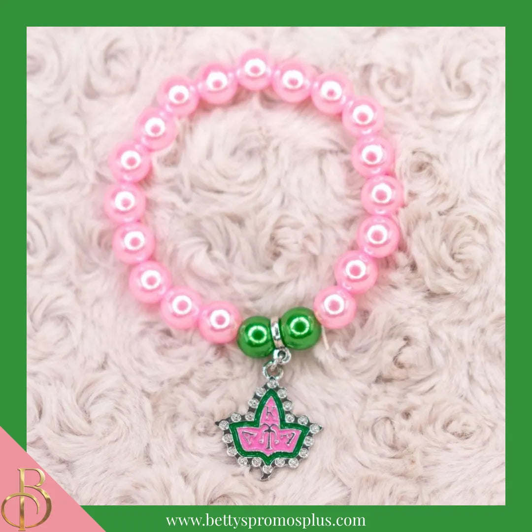 Alpha Kappa Alpha AKA Pink & Green Pearl Bracelet with Ivy Crest Charm-Alpha Kappa Alpha Paraphernalia-Alpha Kappa Alpha Bracelet-Betty's Promos Plus