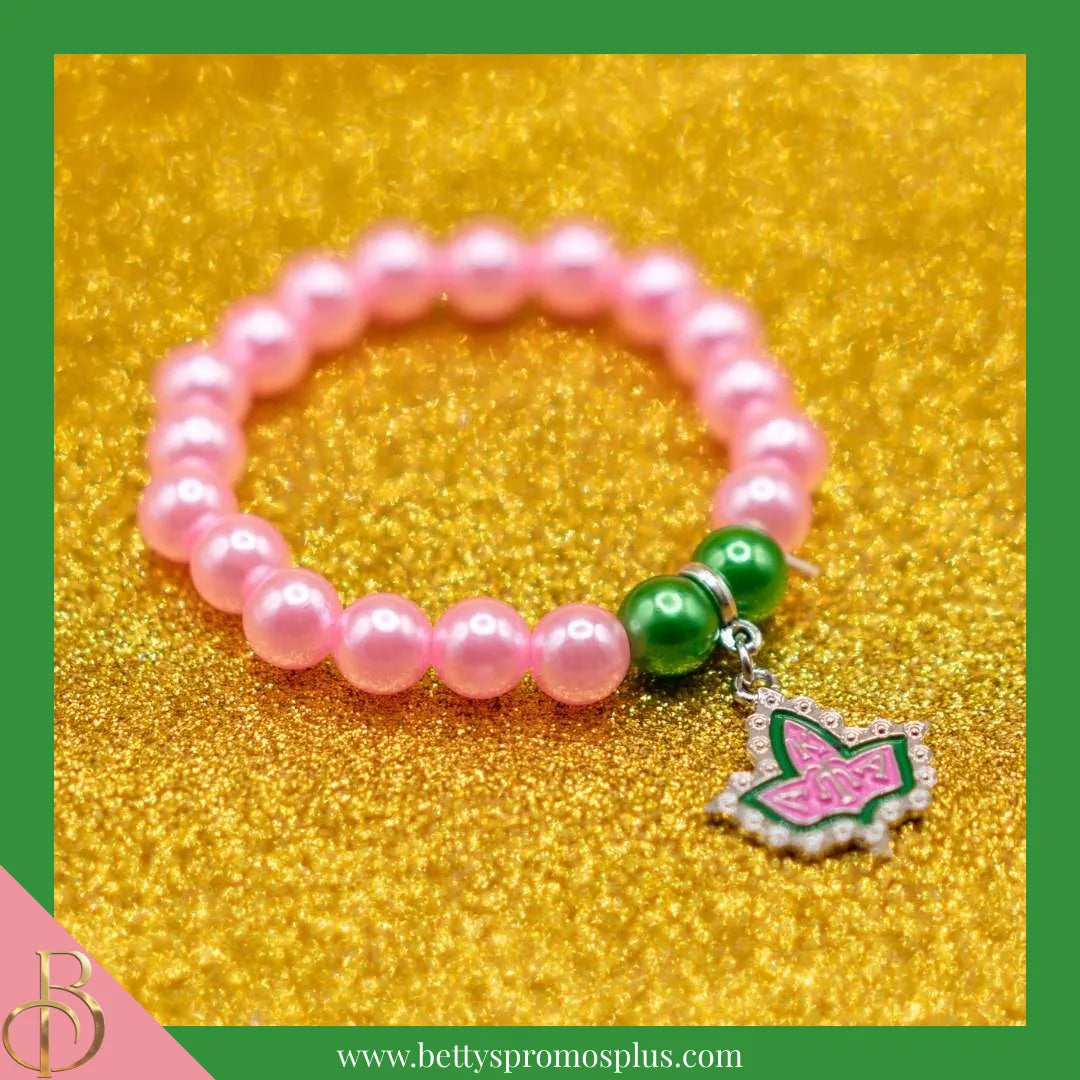 Alpha Kappa Alpha AKA Pink & Green Pearl Bracelet with Ivy Crest Charm-Alpha Kappa Alpha Paraphernalia-Alpha Kappa Alpha Bracelet-Betty's Promos Plus