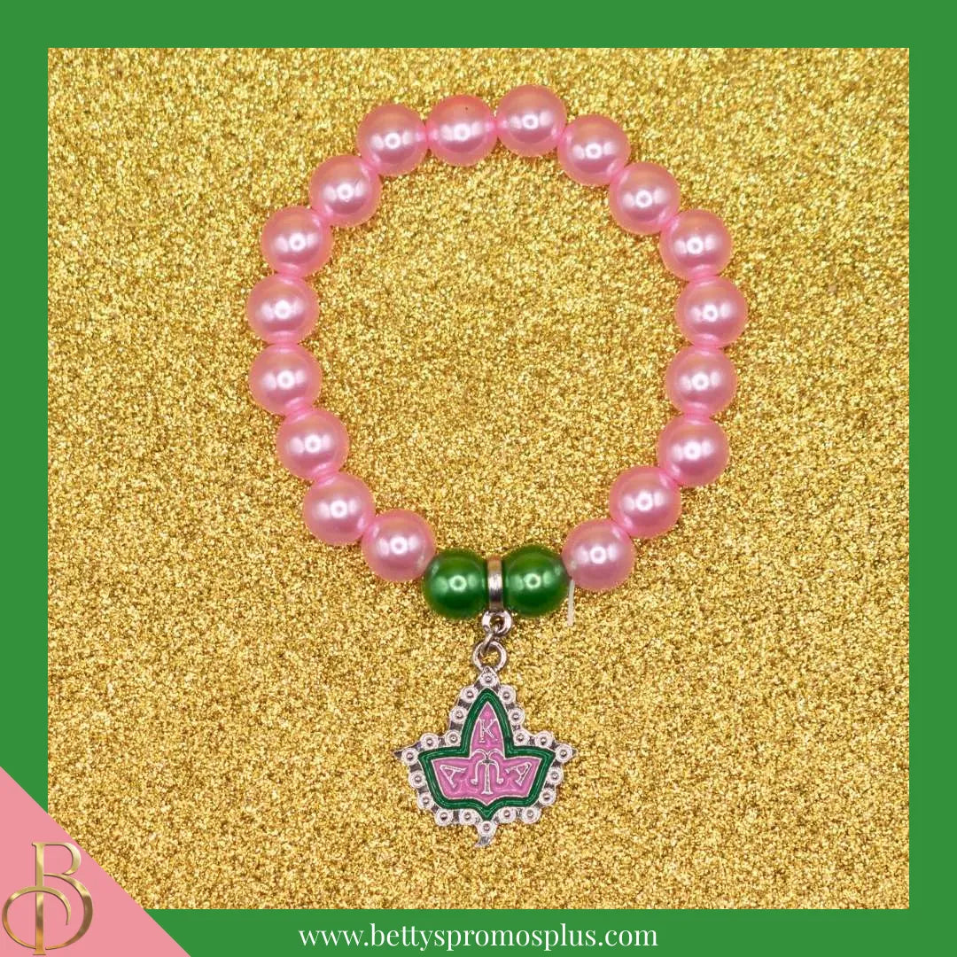 Alpha Kappa Alpha AKA Pink & Green Pearl Bracelet with Ivy Crest Charm-Alpha Kappa Alpha Paraphernalia-Alpha Kappa Alpha Bracelet-Betty's Promos Plus