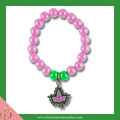 Alpha Kappa Alpha AKA Pink & Green Pearl Bracelet with Ivy Crest