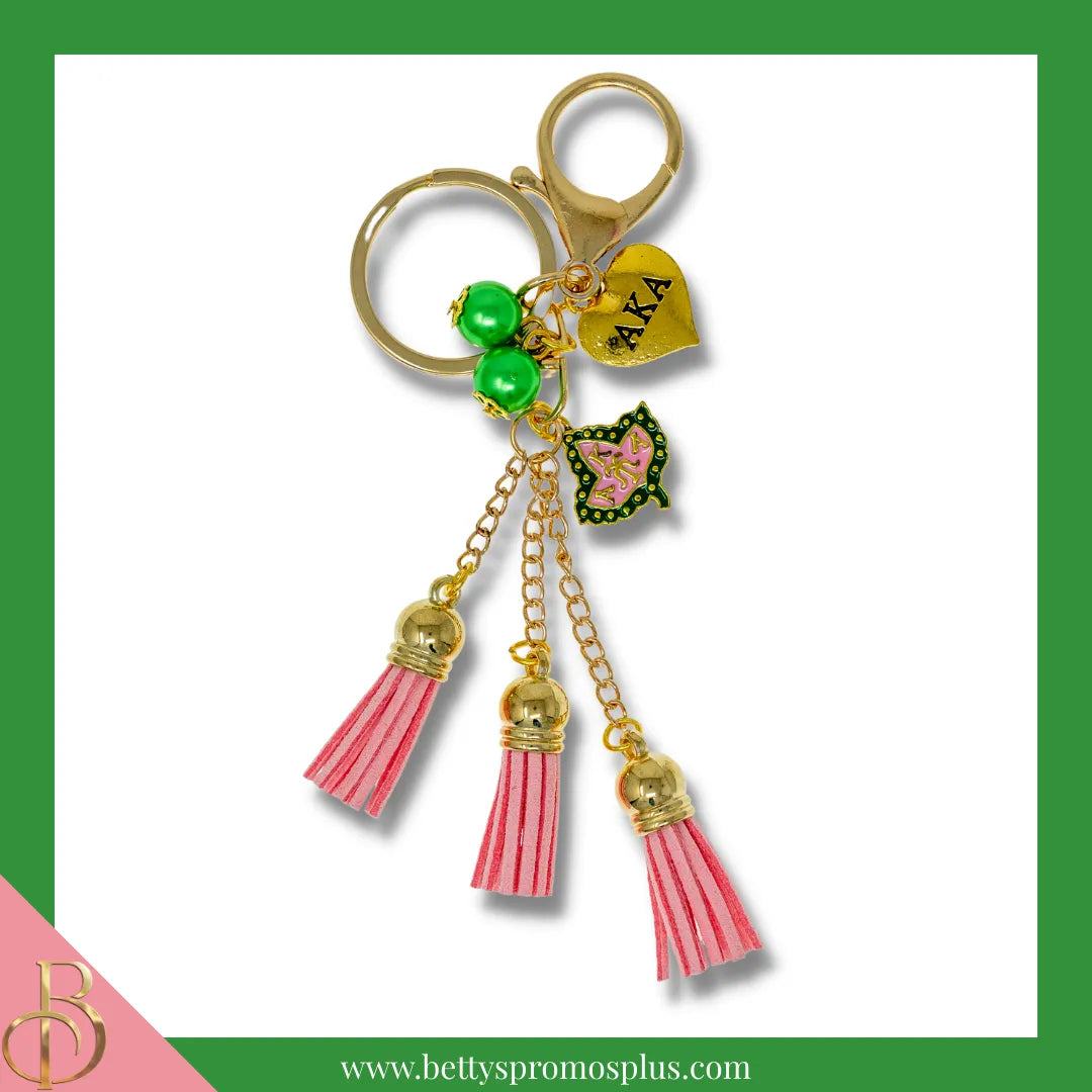 Alpha Kappa Alpha AKA Pink Tassel Keychain with AKA Crest Charm-Alpha Kappa Alpha Paraphernalia-Alpha Kappa Alpha Keychain-Betty's Promos Plus