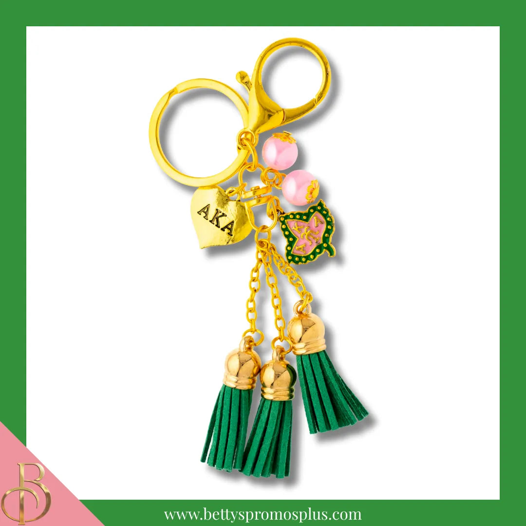 Alpha Kappa Alpha AKA Pink Tassel Keychain with AKA Crest Charm-Green-Alpha Kappa Alpha Paraphernalia-Alpha Kappa Alpha Keychain-Betty's Promos Plus