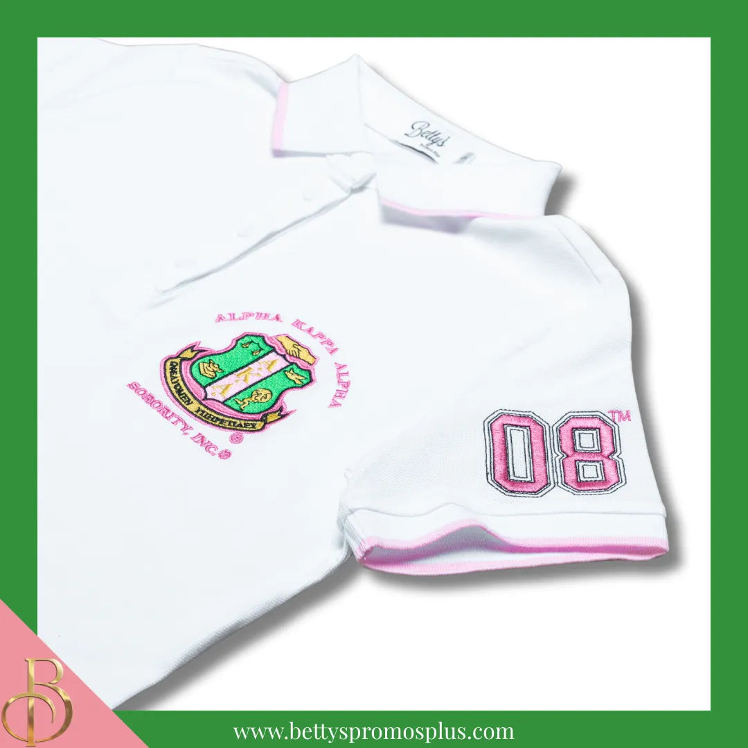 Alpha Kappa Alpha AKA Polo Shirt Embroidered with Shield and 08 Sleeve-Alpha Kappa Alpha Paraphernalia-Alpha Kappa Alpha Polo Shirt-Betty's Promos Plus