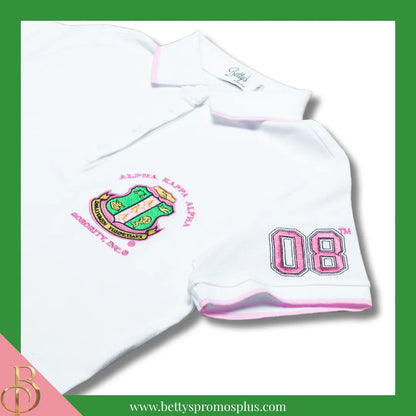 Alpha Kappa Alpha AKA Polo Shirt Embroidered with Shield and 08 Sleeve-Alpha Kappa Alpha Paraphernalia-Alpha Kappa Alpha Polo Shirt-Betty's Promos Plus