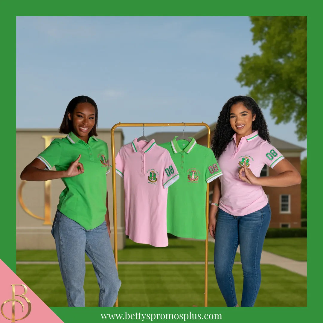 Alpha Kappa Alpha AKA Polo Shirt Embroidered with Shield and 08 Sleeve-Alpha Kappa Alpha Paraphernalia-Alpha Kappa Alpha Polo Shirt-Betty's Promos Plus