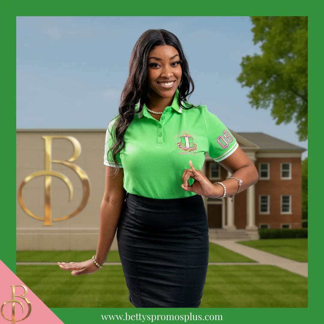 Alpha Kappa Alpha AKA Polo Shirt Embroidered with Shield and 08 Sleeve-Alpha Kappa Alpha Paraphernalia-Alpha Kappa Alpha Polo Shirt-Betty's Promos Plus