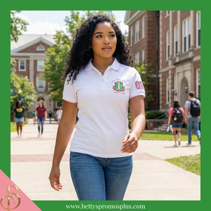 Alpha Kappa Alpha AKA Polo Shirt Embroidered with Shield and 08 Sleeve-Alpha Kappa Alpha Paraphernalia-Alpha Kappa Alpha Polo Shirt-Betty's Promos Plus