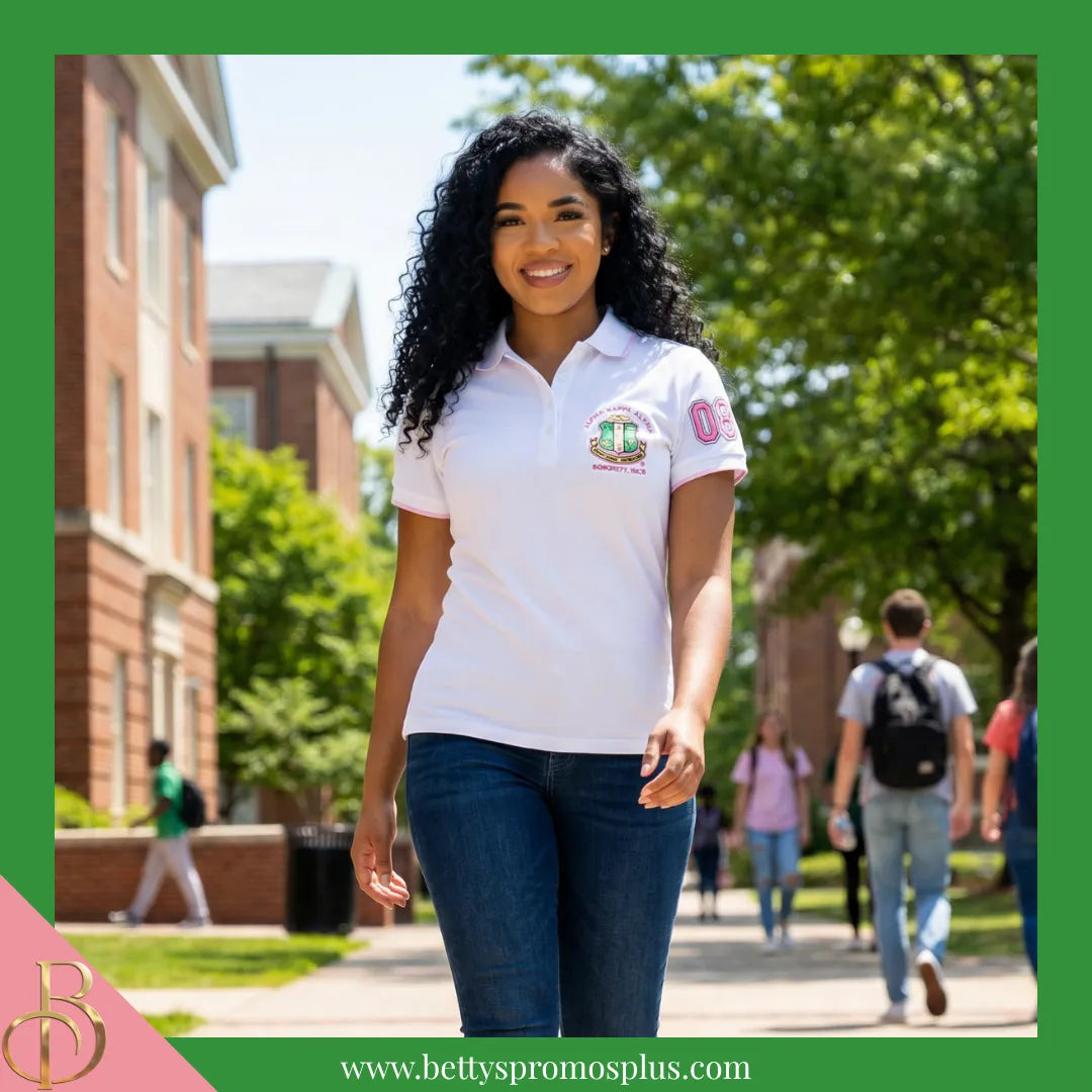 Alpha Kappa Alpha AKA Polo Shirt Embroidered with Shield and 08 Sleeve-Alpha Kappa Alpha Paraphernalia-Alpha Kappa Alpha Polo Shirt-Betty's Promos Plus