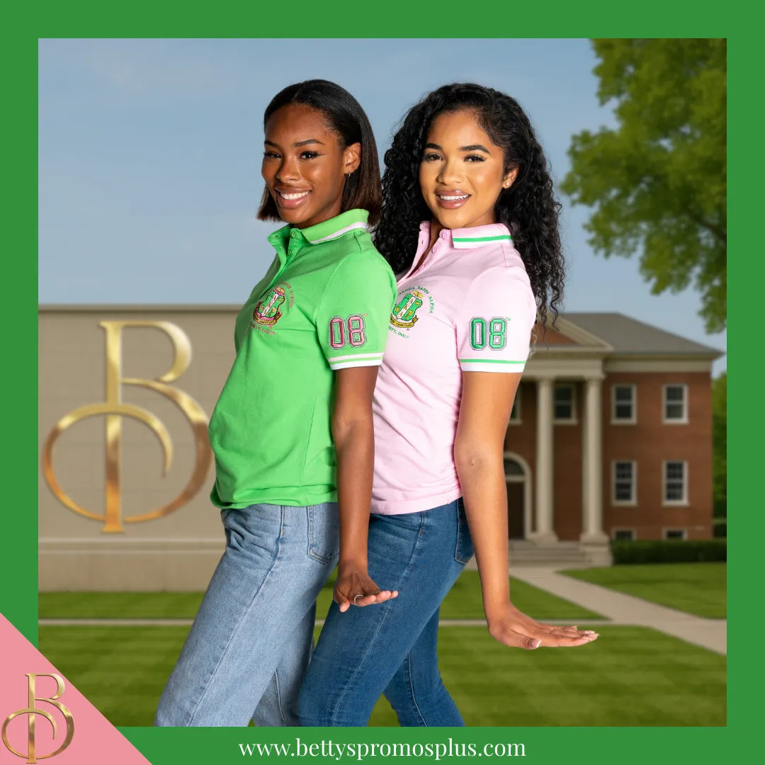 Alpha Kappa Alpha AKA Polo Shirt Embroidered with Shield and 08 Sleeve-Alpha Kappa Alpha Paraphernalia-Alpha Kappa Alpha Polo Shirt-Betty's Promos Plus