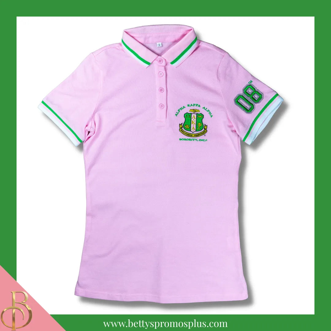 Alpha Kappa Alpha AKA Polo Shirt Embroidered with Shield and 08 Sleeve-Alpha Kappa Alpha Paraphernalia-Alpha Kappa Alpha Polo Shirt-Betty's Promos Plus