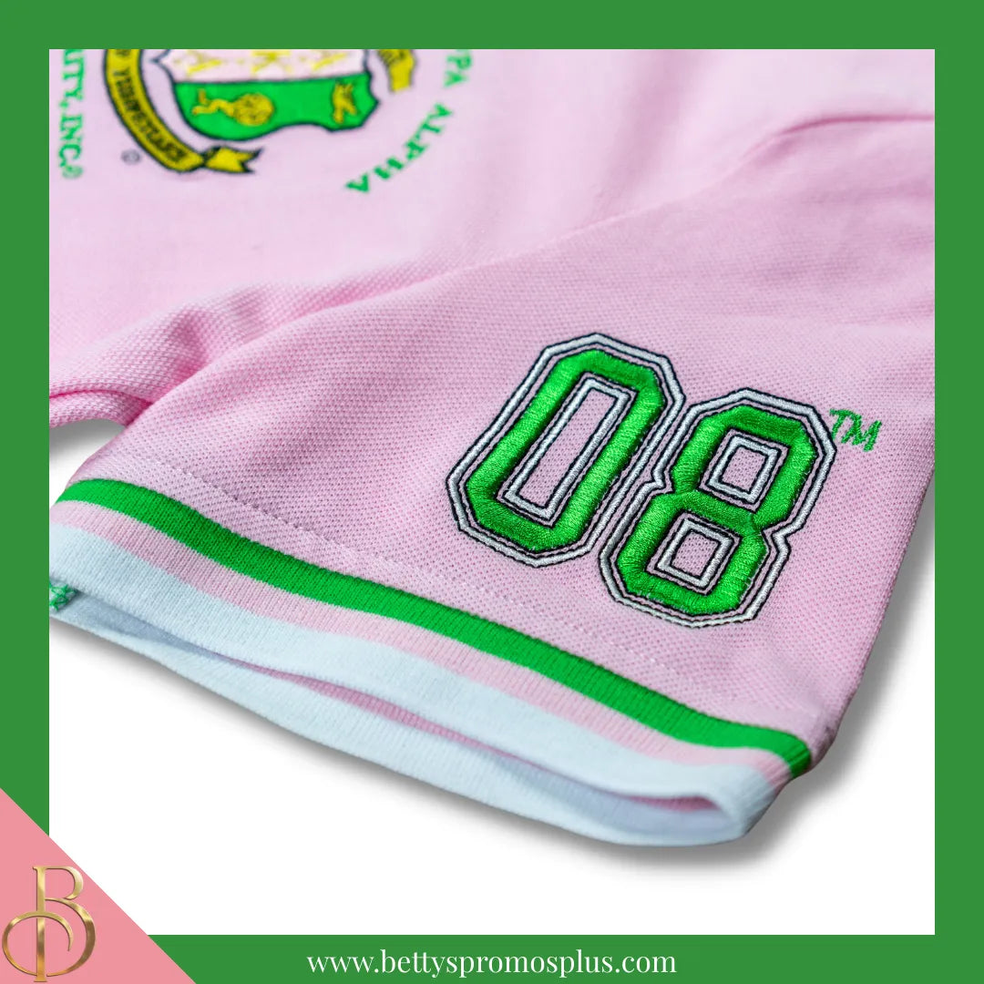 Alpha Kappa Alpha AKA Polo Shirt Embroidered with Shield and 08 Sleeve-Alpha Kappa Alpha Paraphernalia-Alpha Kappa Alpha Polo Shirt-Betty's Promos Plus