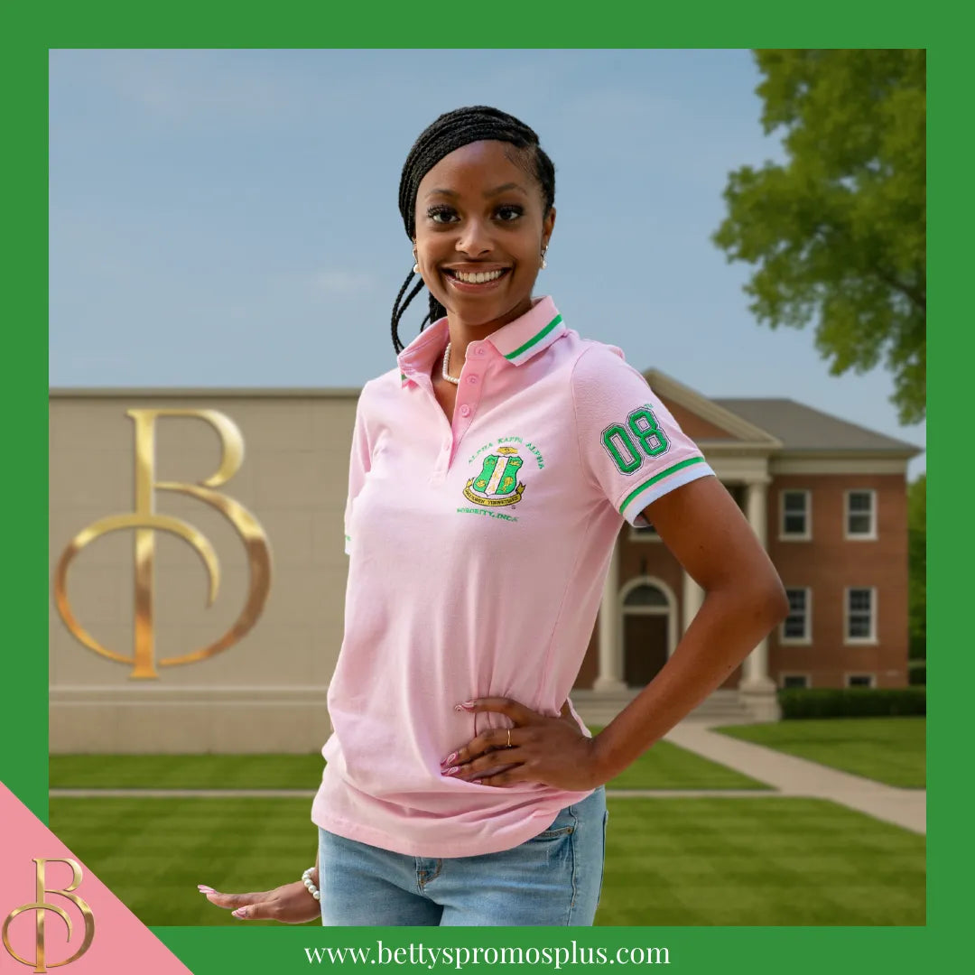 Alpha Kappa Alpha AKA Polo Shirt Embroidered with Shield and 08 Sleeve-Alpha Kappa Alpha Paraphernalia-Alpha Kappa Alpha Polo Shirt-Betty's Promos Plus