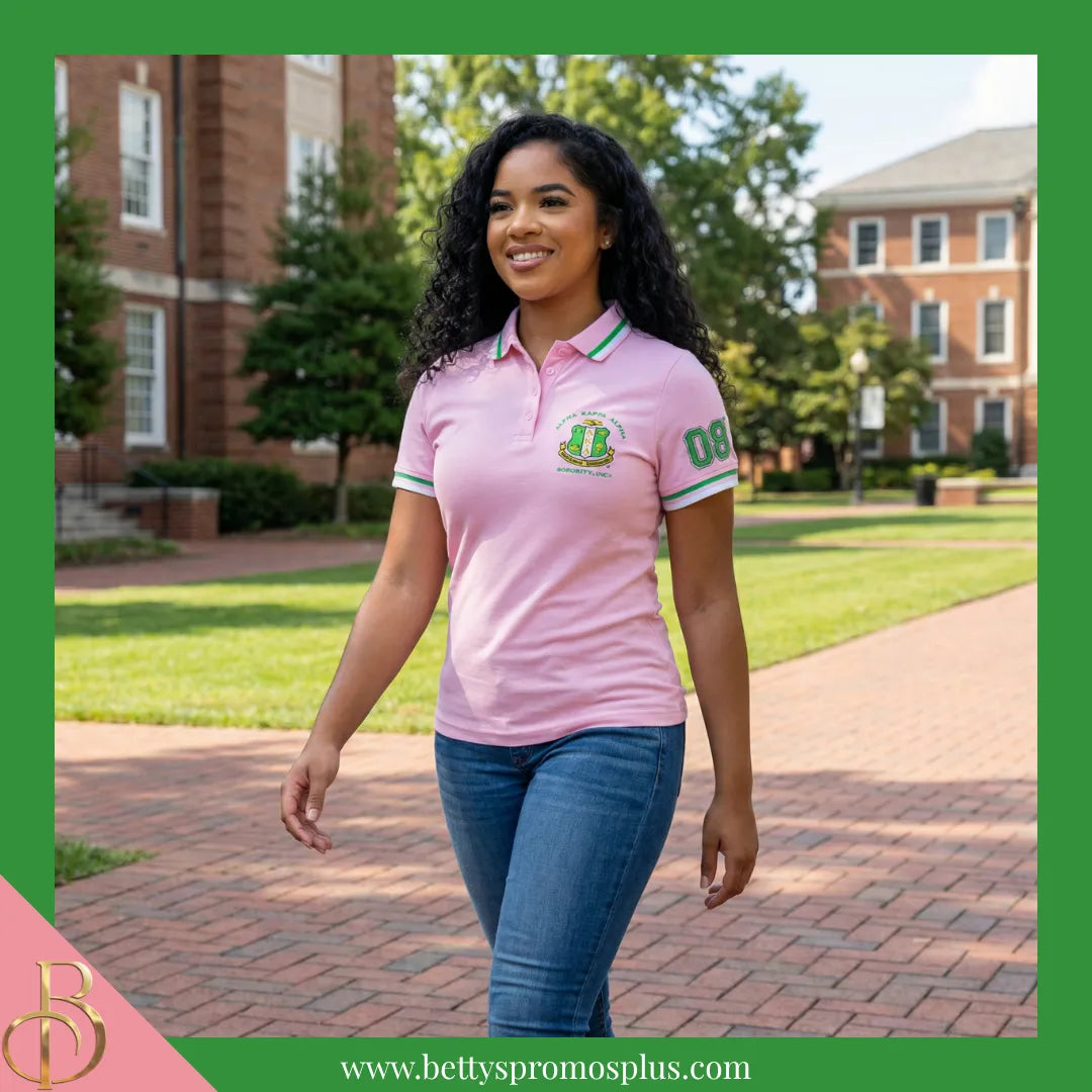 Alpha Kappa Alpha AKA Polo Shirt Embroidered with Shield and 08 Sleeve-Alpha Kappa Alpha Paraphernalia-Alpha Kappa Alpha Polo Shirt-Betty's Promos Plus