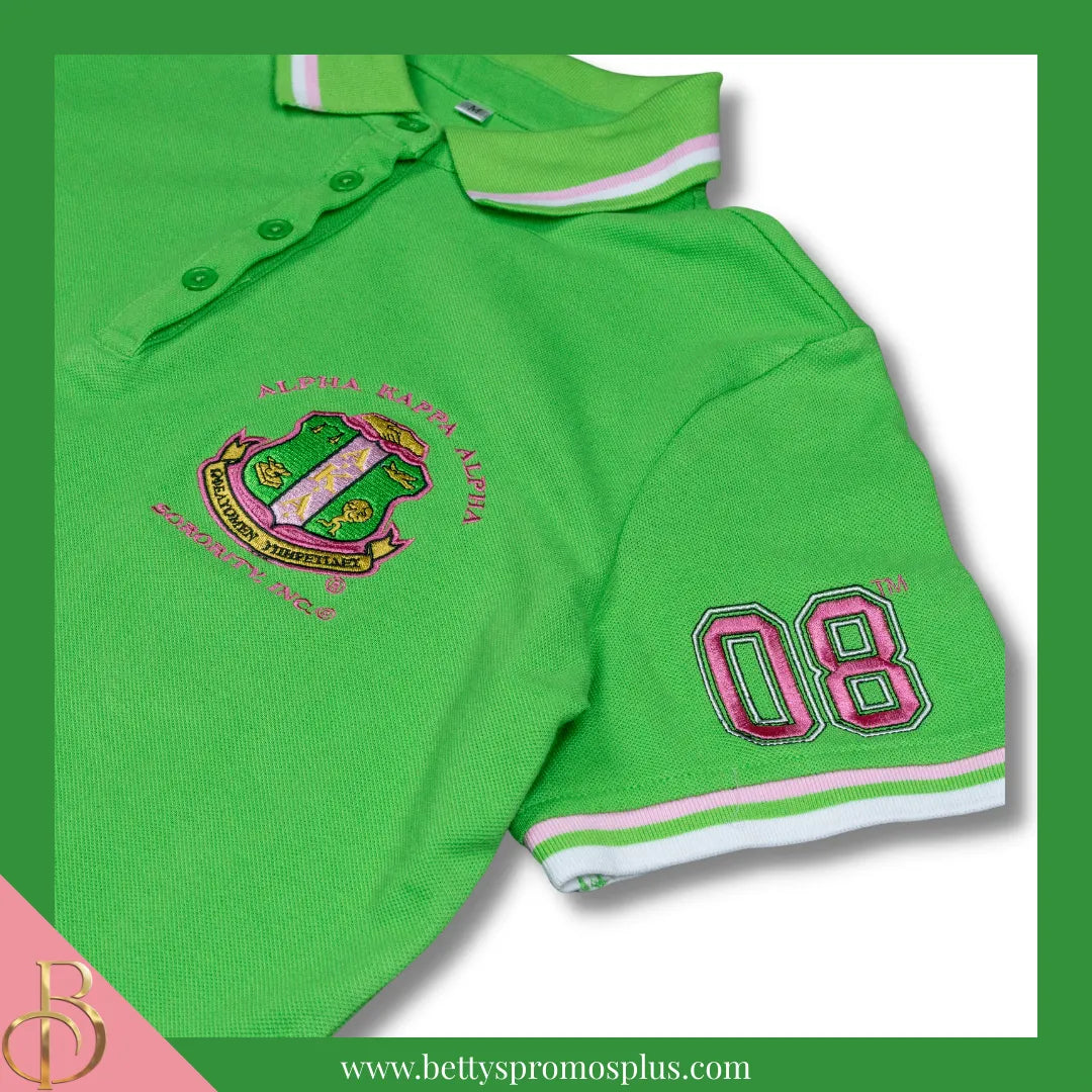 Alpha Kappa Alpha AKA Polo Shirt Embroidered with Shield and 08 Sleeve-Alpha Kappa Alpha Paraphernalia-Alpha Kappa Alpha Polo Shirt-Betty's Promos Plus