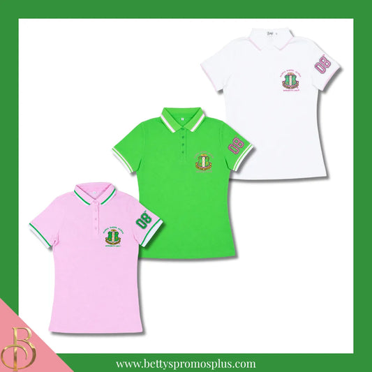 Alpha Kappa Alpha AKA Polo Shirt Embroidered with Shield and 08 Sleeve-Alpha Kappa Alpha Paraphernalia-Alpha Kappa Alpha Polo Shirt-Betty's Promos Plus
