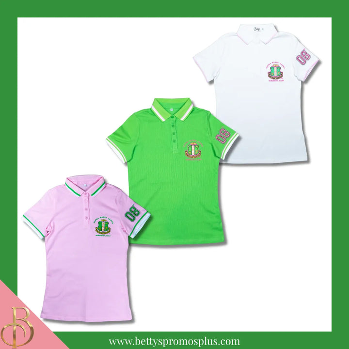 Alpha Kappa Alpha AKA Polo Shirt Embroidered with Shield and 08 Sleeve