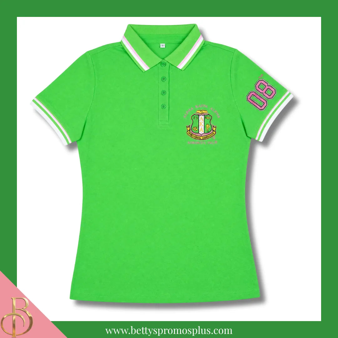 Alpha Kappa Alpha AKA Polo Shirt Embroidered with Shield and 08 Sleeve-Green-Relaxed Fit-X-Small-Alpha Kappa Alpha Paraphernalia-Alpha Kappa Alpha Polo Shirt-Betty's Promos Plus