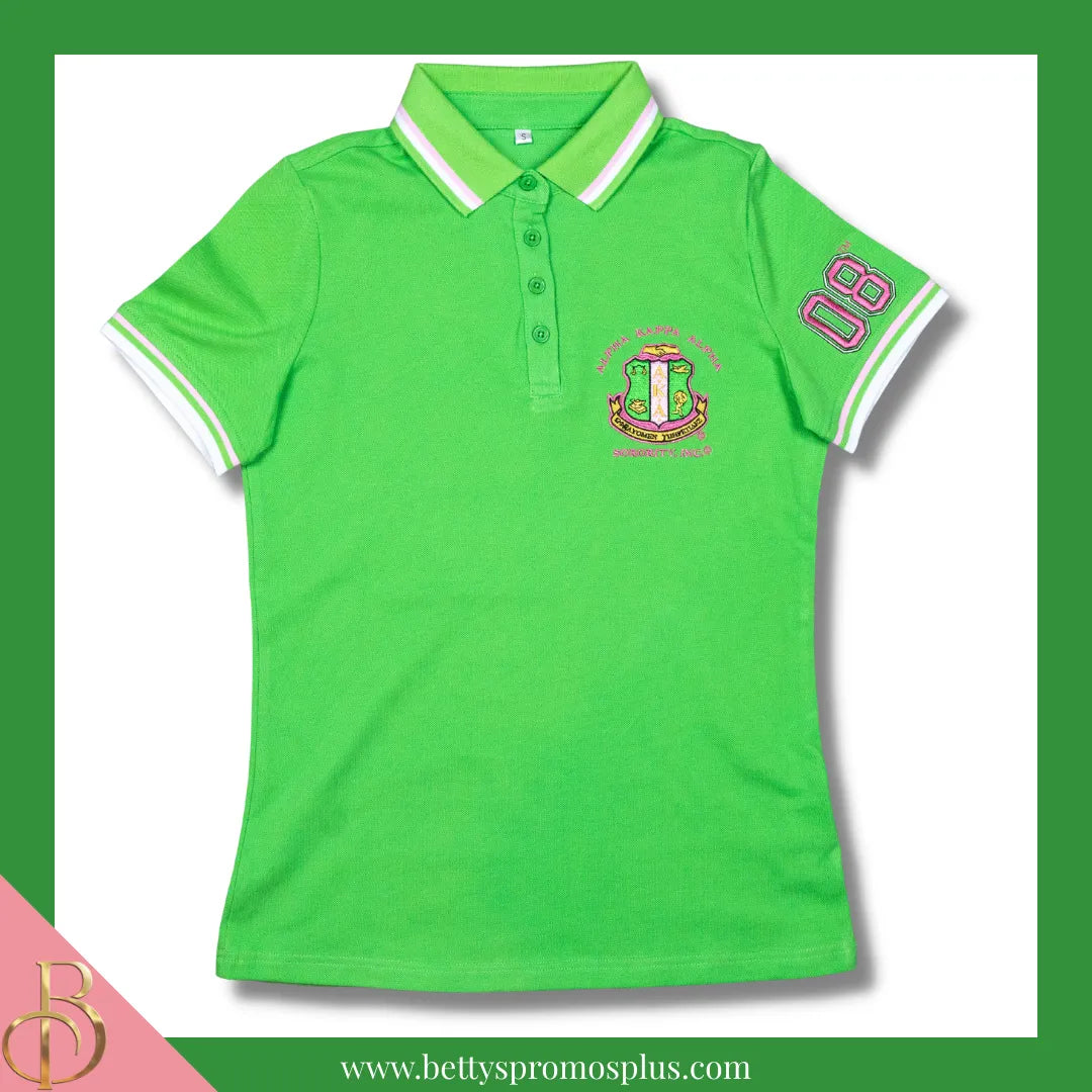 Alpha Kappa Alpha AKA Polo Shirt Embroidered with Shield and 08 Sleeve-Green-Relaxed Fit-X-Small-Alpha Kappa Alpha Paraphernalia-Alpha Kappa Alpha Polo Shirt-Betty's Promos Plus