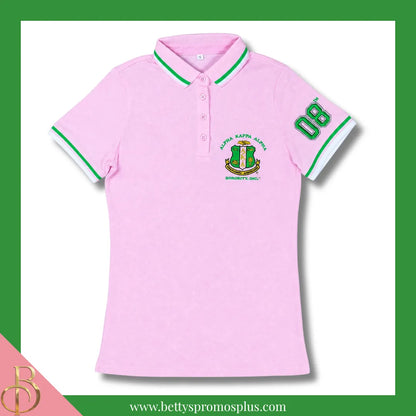 Alpha Kappa Alpha AKA Polo Shirt Embroidered with Shield and 08 Sleeve-Pink-Standard Fit-X-Small-Alpha Kappa Alpha Paraphernalia-Alpha Kappa Alpha Polo Shirt-Betty's Promos Plus