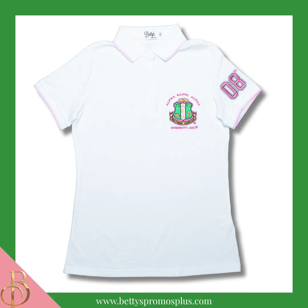 Alpha Kappa Alpha AKA Polo Shirt Embroidered with Shield and 08 Sleeve-White-Relaxed Fit-X-Small-Alpha Kappa Alpha Paraphernalia-Alpha Kappa Alpha Polo Shirt-Betty's Promos Plus