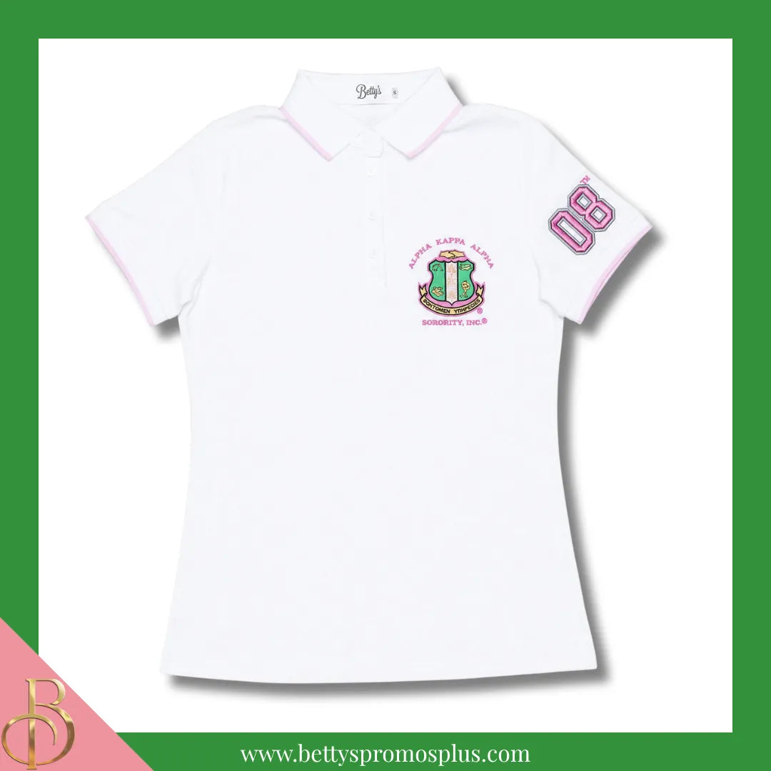 Alpha Kappa Alpha AKA Polo Shirt Embroidered with Shield and 08 Sleeve-White-Relaxed Fit-X-Small-Alpha Kappa Alpha Paraphernalia-Alpha Kappa Alpha Polo Shirt-Betty's Promos Plus