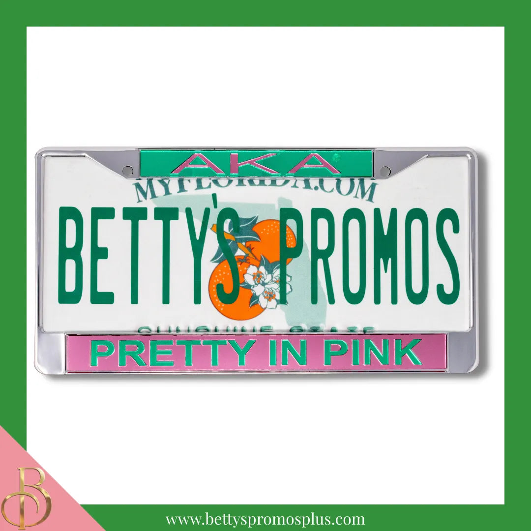Alpha Kappa Alpha AKA Pretty In Pink Chrome Laser Engraved Mirrored Acrylic Auto Tag License Plate Frame-Alpha Kappa Alpha Paraphernalia-Alpha Kappa Alpha Auto Tag Frame-Betty's Promos Plus
