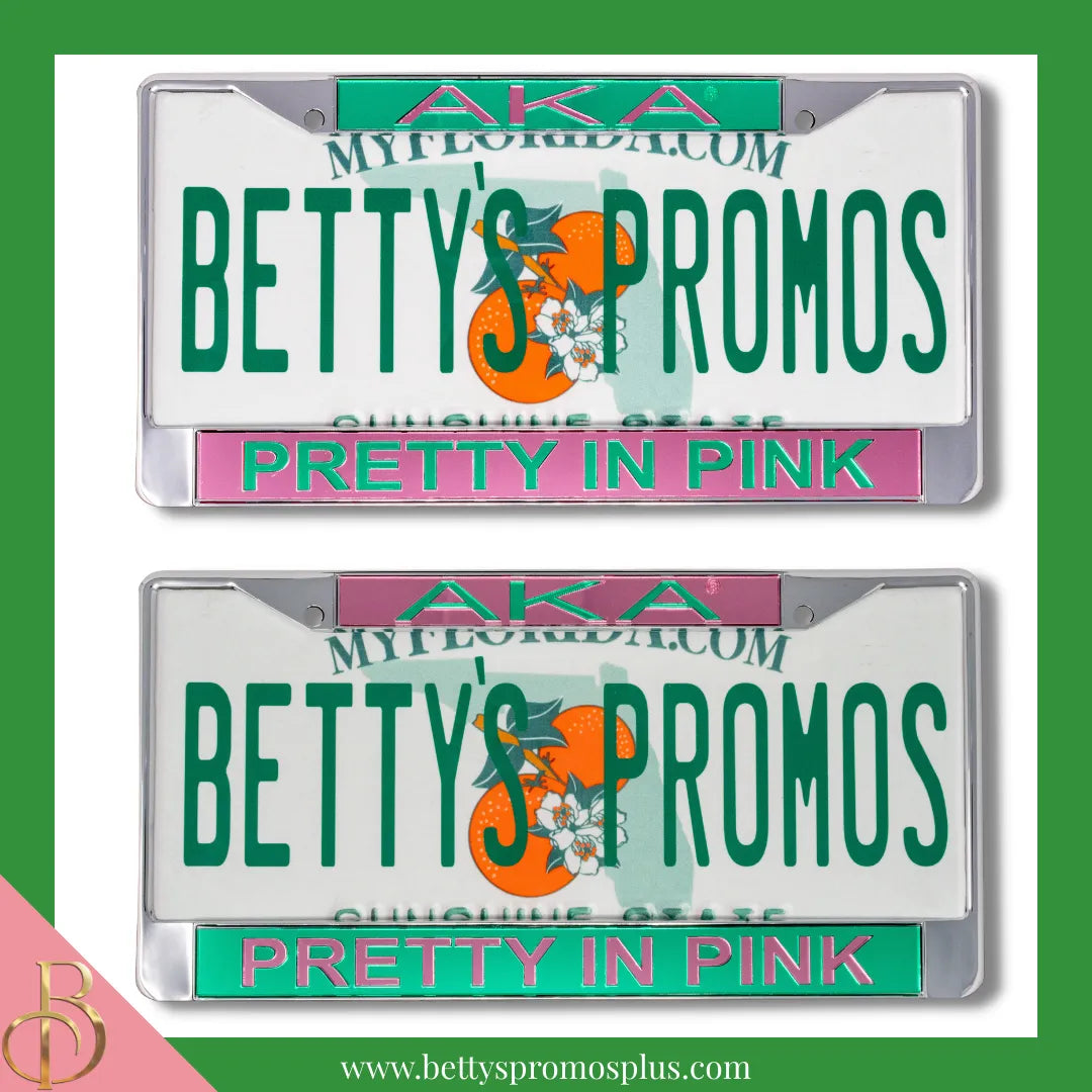 Alpha Kappa Alpha AKA Pretty In Pink Chrome Laser Engraved Mirrored Acrylic Auto Tag License Plate Frame-Alpha Kappa Alpha Paraphernalia-Alpha Kappa Alpha Auto Tag Frame-Betty's Promos Plus