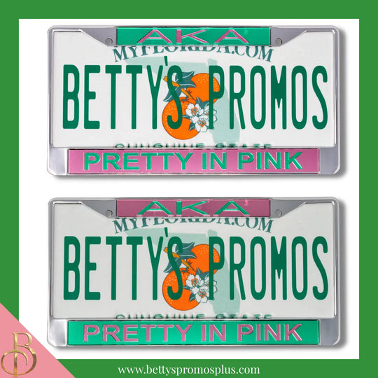 Alpha Kappa Alpha AKA Pretty In Pink Chrome Laser Engraved Mirrored Acrylic Auto Tag License Plate Frame-Alpha Kappa Alpha Paraphernalia-Alpha Kappa Alpha Auto Tag Frame-Betty's Promos Plus