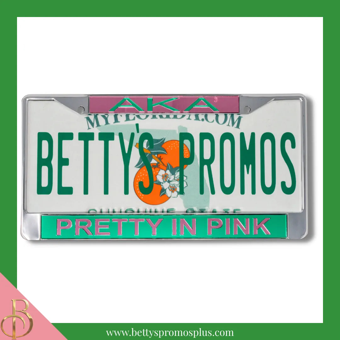 Alpha Kappa Alpha AKA Pretty In Pink Chrome Laser Engraved Mirrored Acrylic Auto Tag License Plate Frame-Green Bottom-Alpha Kappa Alpha Paraphernalia-Alpha Kappa Alpha Auto Tag Frame-Betty's Promos Plus