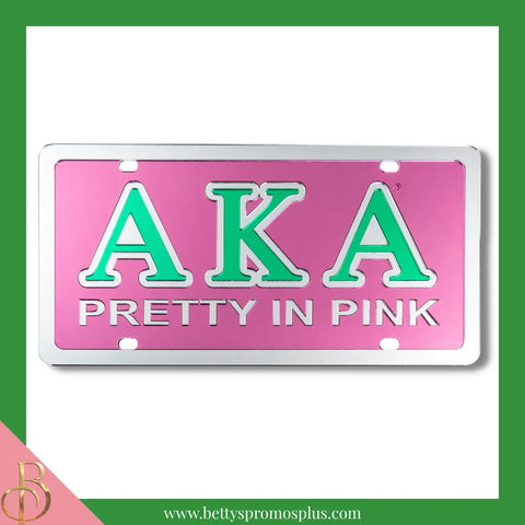 Alpha Kappa Alpha AKA Pretty In Pink Laser Engraved Mirrored Acrylic Auto Tag License Plate-Pink Background-Silver Trim-Alpha Kappa Alpha Paraphernalia-Alpha Kappa Alpha Auto Tag-Betty's Promos Plus